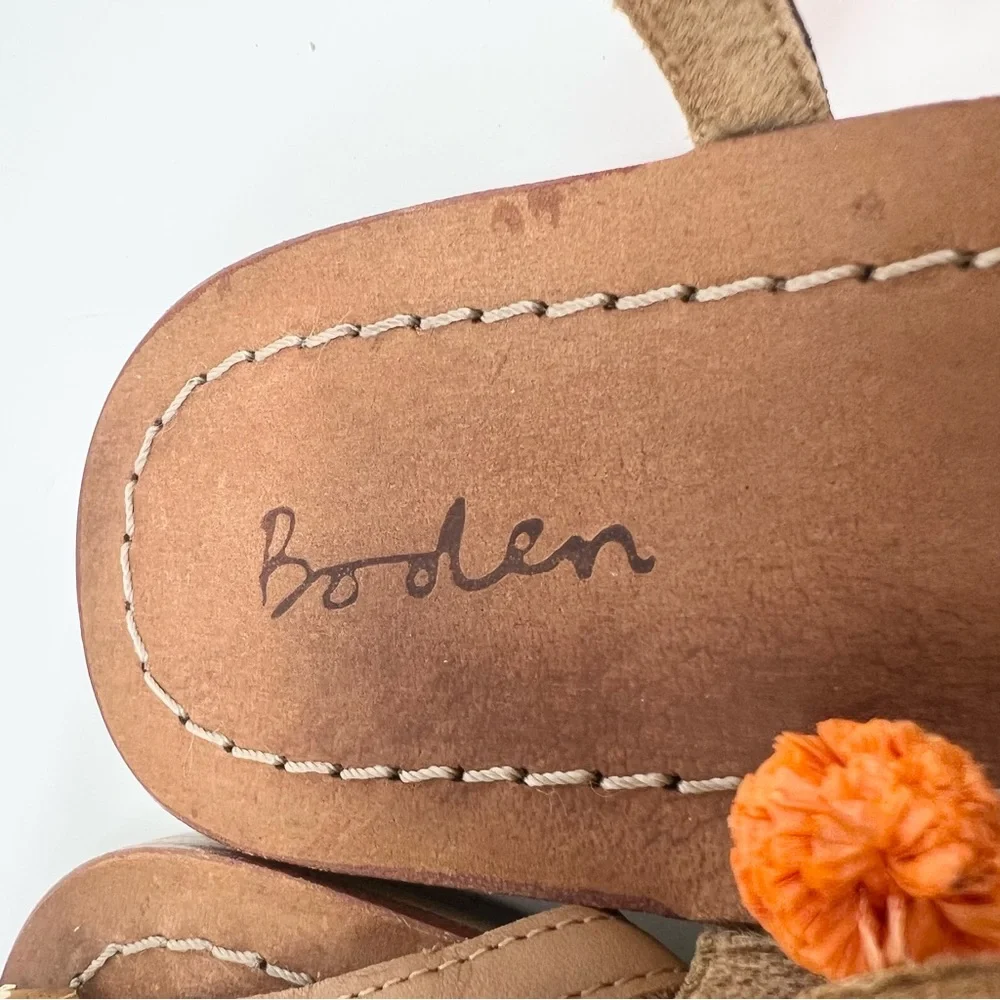 Boden Pompom Leather Sandals Women’s Size 9 Tan Thongs Colorful Fun